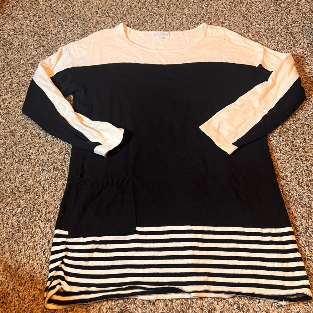 Joseph A. Womens Long Sleeve‎ Knit Mini Dress Black Cream Striped Pocket L